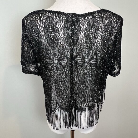 Women’s Large Black Navy Glitter Crochet Mesh Crop Top Short Sleeve Shirt - Picture 6 of 10